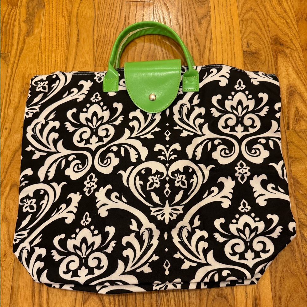 Black Damask Expandable Tote with Green Accents